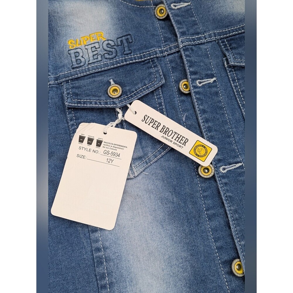 NWT Kids (Size 12Y) Distressed Denim Vest w/Yellow Jersey Hood & Patch Details - Picture 10 of 10